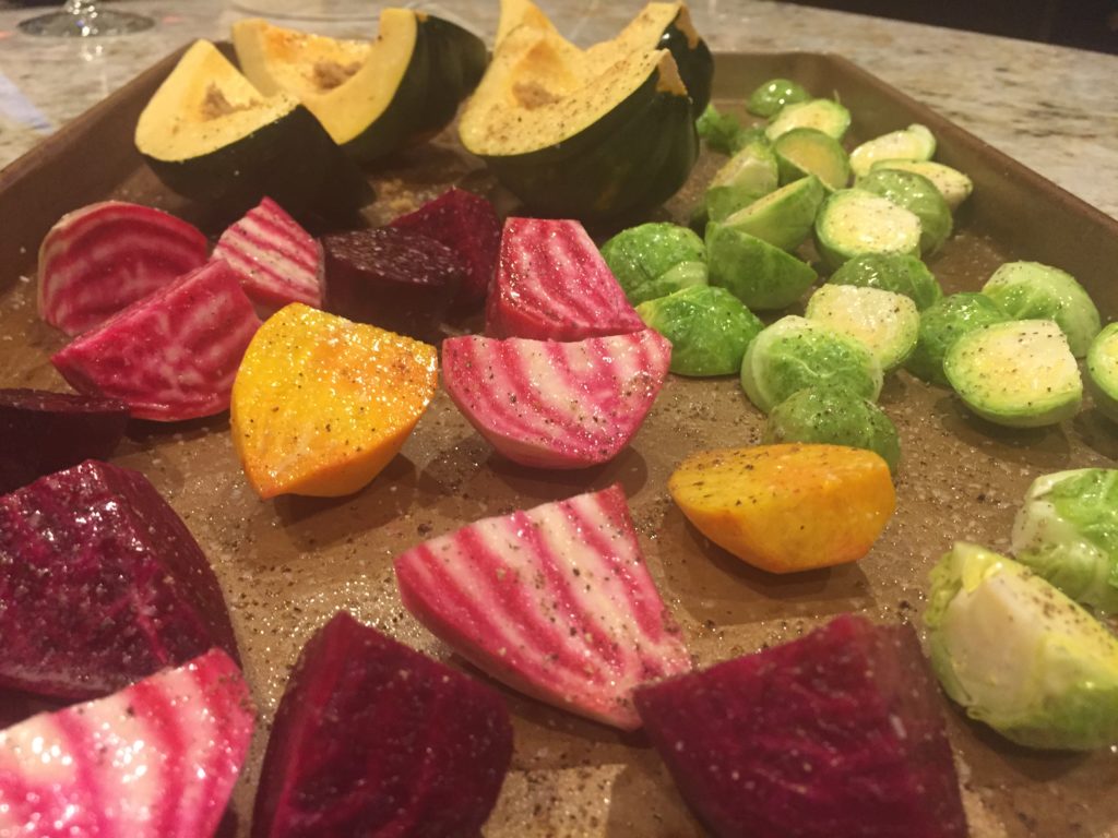 Roasted squash beets brussels sprouts go nice with roast duck