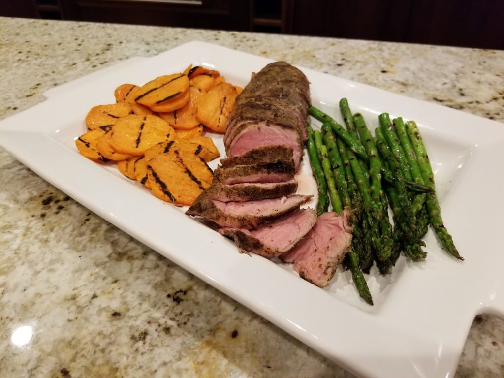 Grilled sweet potatoes, asparagus & pork tenderloin