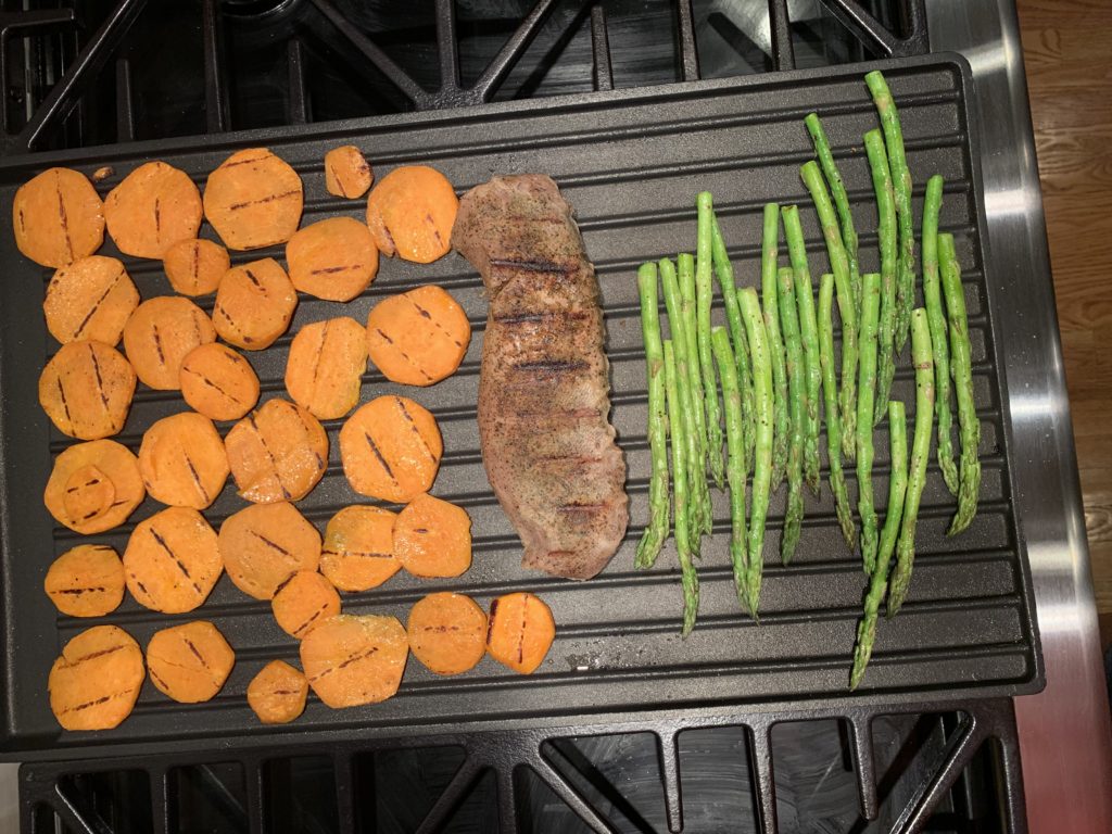Sweet potatoes & asparagus on indoor grill
