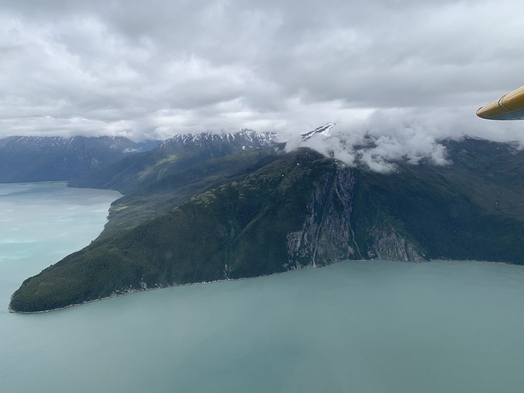 Aerial view of mountains and water in Juneau, Alaska