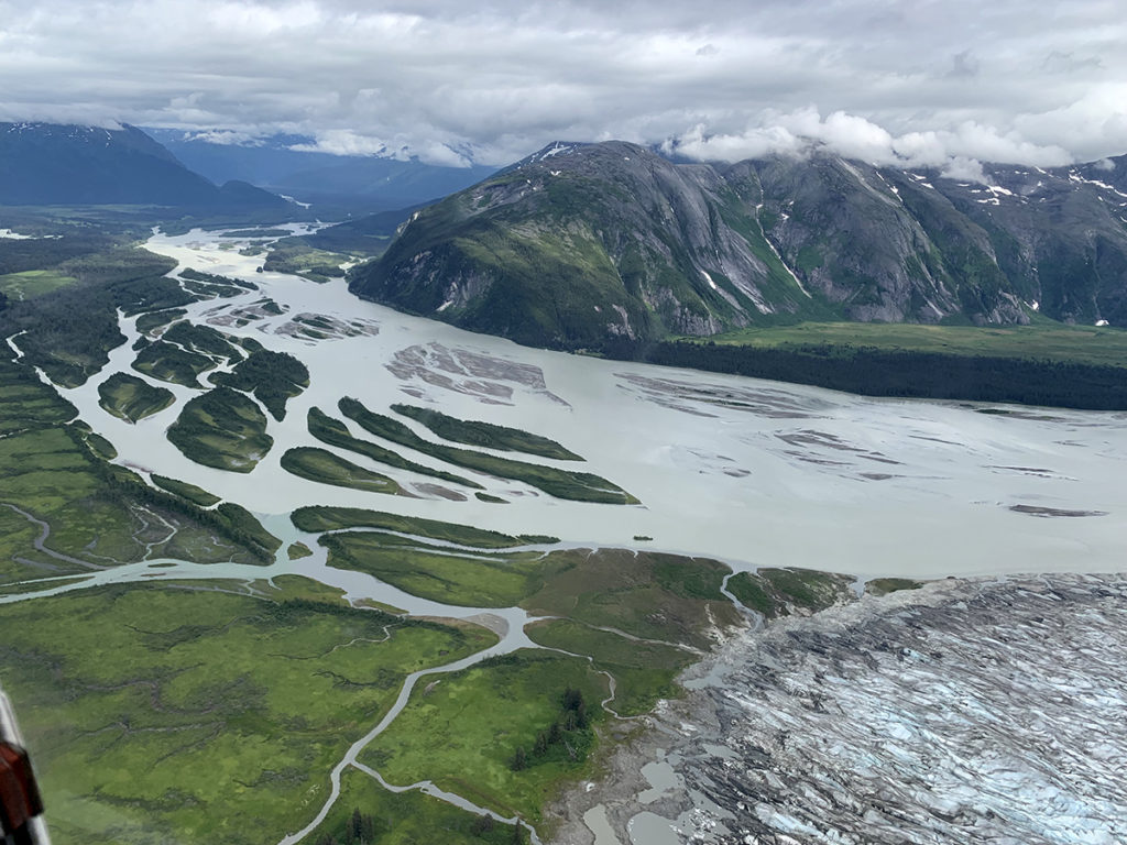 Aerial view of Juneau, Alaska mountains, land and glacier