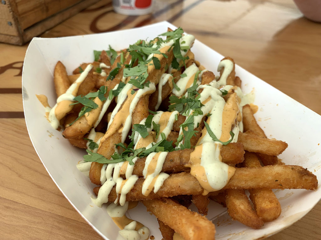 crispy french fries covered in spicy sauce and cilantro