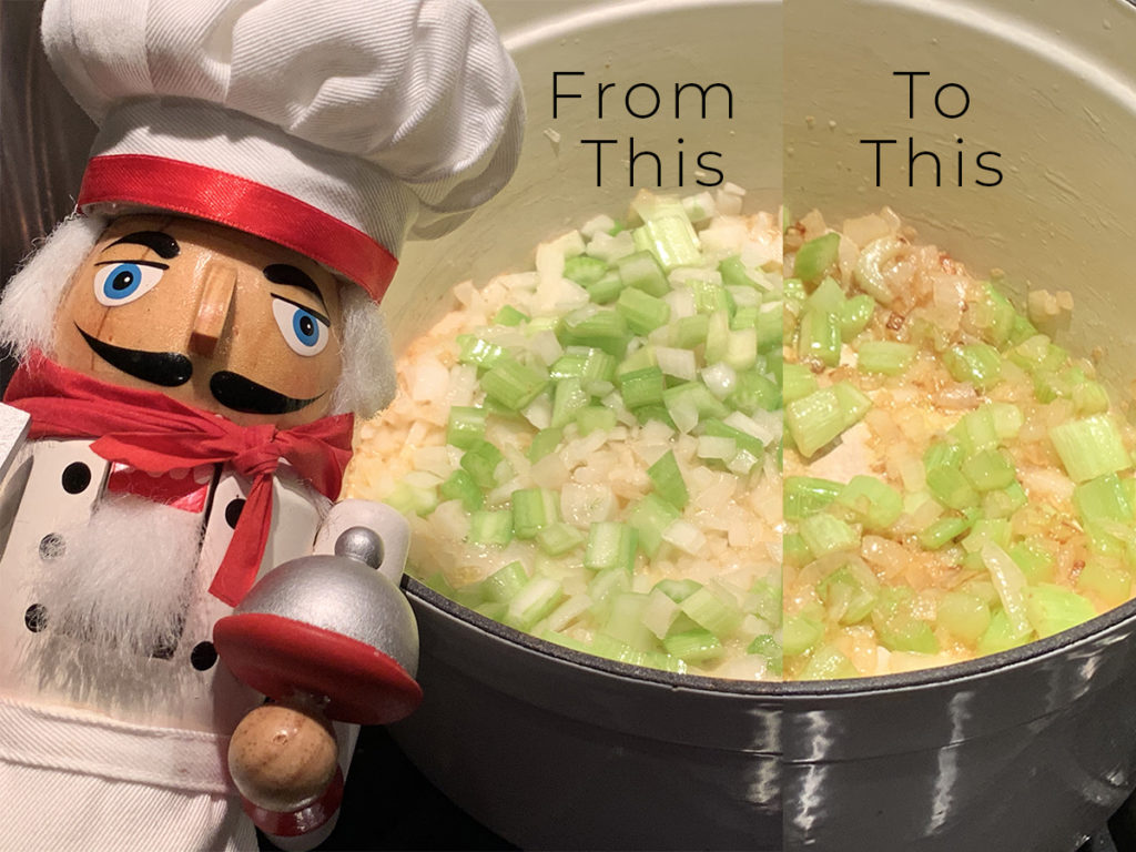 split image showing the before and after of sautéed onions and celery in a white dutch oven. There's a nutcracker who looks like a chef in the foreground to the left. 