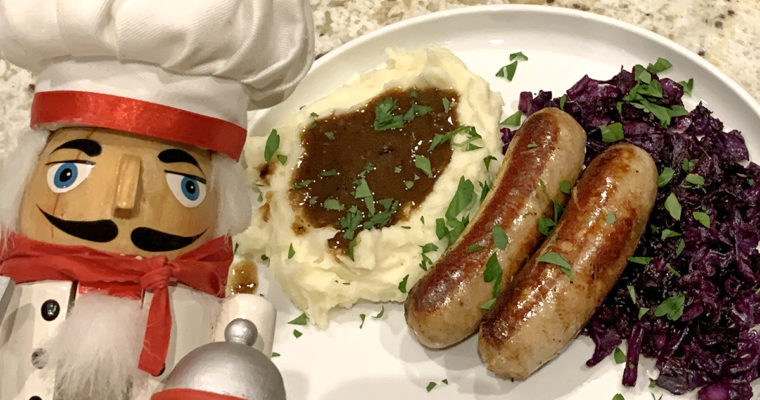 Bangers & Mash with Onion Gravy and Fried Cabbage