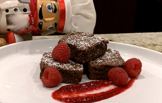 Mexican Fudge Brownies & Raspberry Sauce