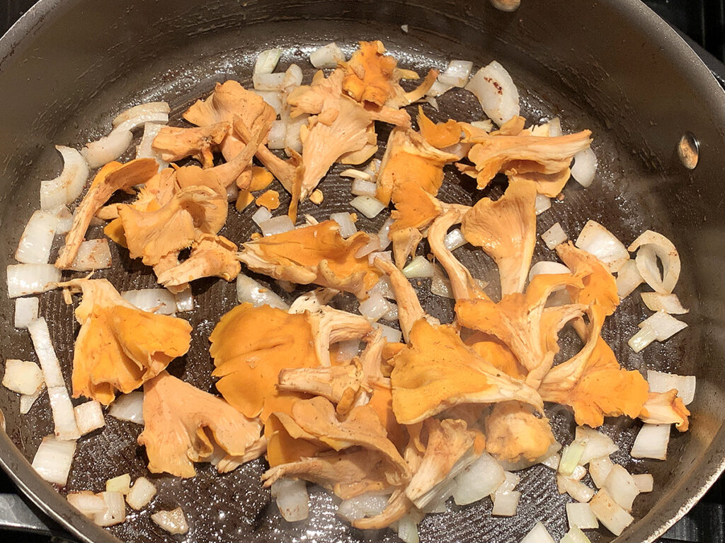 Large torn pieces of wild chanterelle mushrooms and chopped onions cooking in a skillet.