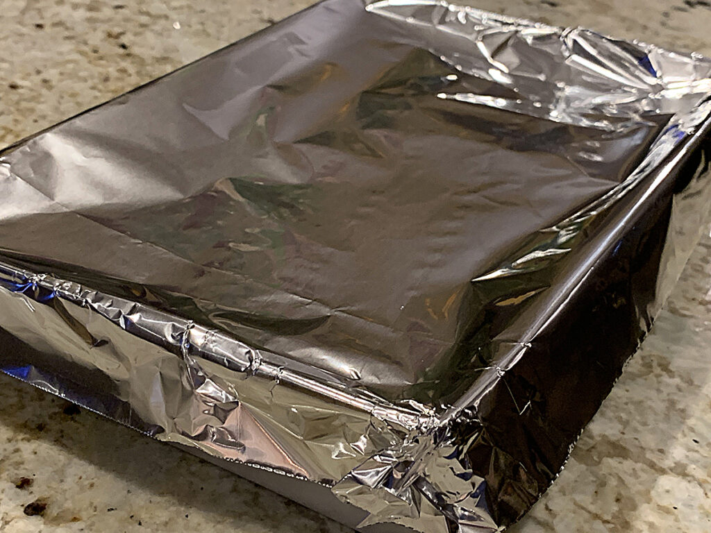 Casserole dish covered with foil.